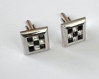 Vintage Checkerboard Rhinestone Cufflinks - Silver Tone Bullet Back