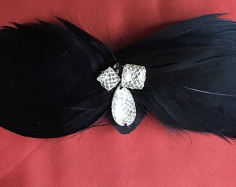 Rhinestone and Black Millinery Feather, Hat Embellishment Pin on for Hair Clip or Headband #2956