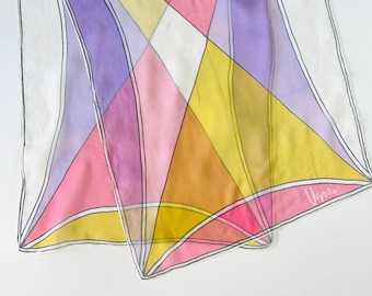 1960s As Is Vera Neumann Silk Scarf, Colorful Geometric Sheer Chiffon Scarf 44" #6004