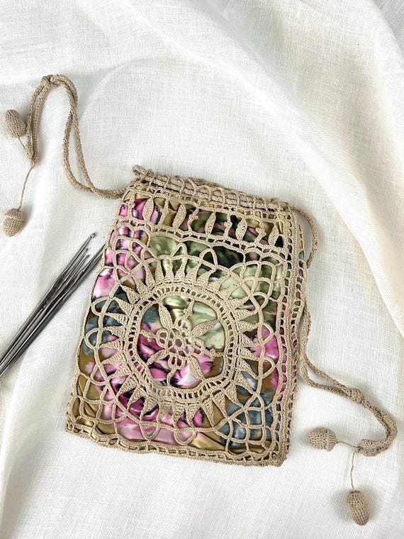 Antique Irish Crochet Purse- Handmade Drawstring Bag View 4