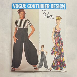 May include: Vogue Couturier Design pattern 1692 for a Pucci of Italy jumpsuit. The pattern shows two different styles of jumpsuits, one with a black and white striped top and black pants, and the other with a colorful geometric print.