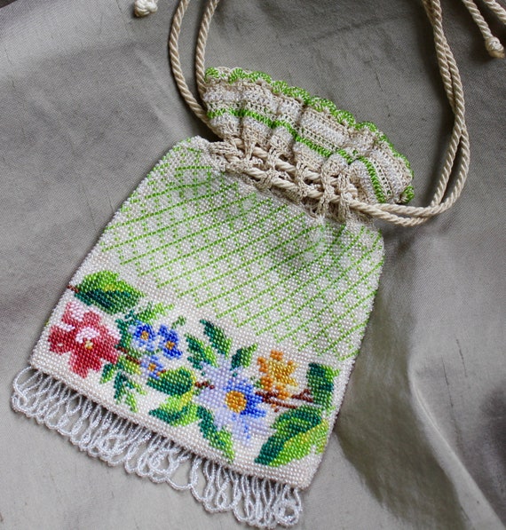 1910 Antique Edwardian Purse, Handmade Beads & Cro