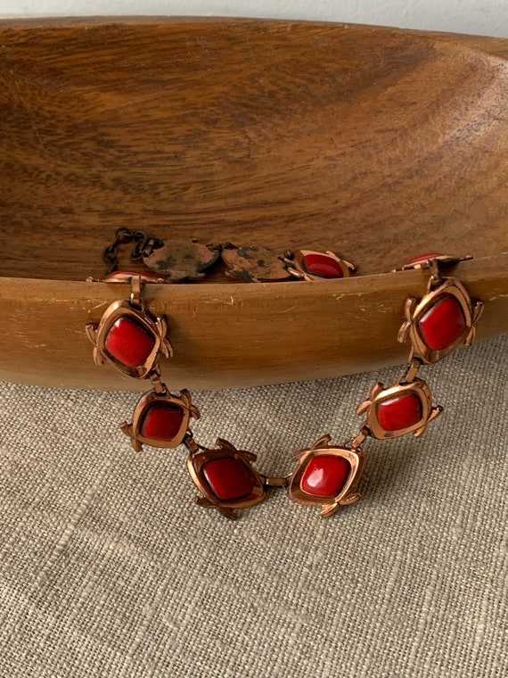 1950s Copper Necklace with Red Enamel, Signed Mat… - image 3