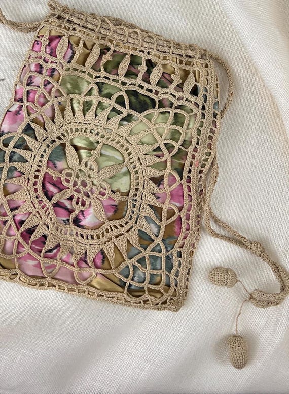 Antique Irish Crochet Purse- Handmade Drawstring Bag View 5