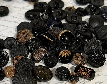 Victorian to 1940s Glass Buttons Grab Bag, 10 buttons Black & Gold Glass #5794