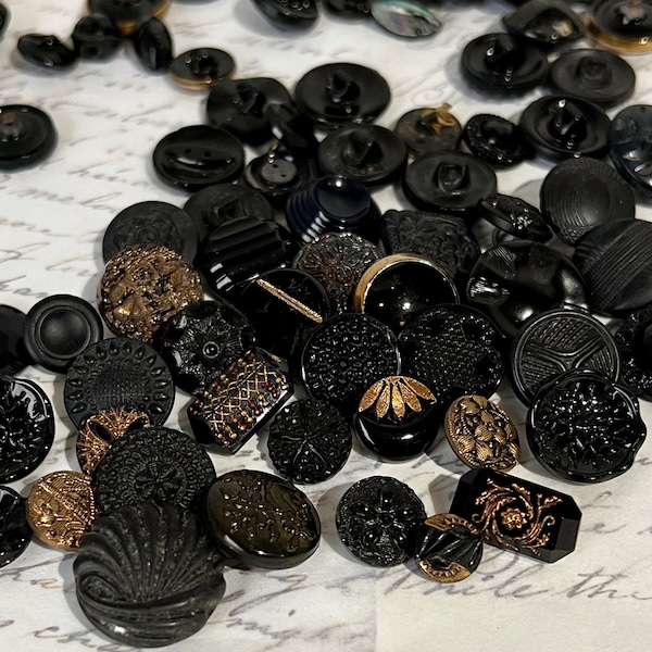 Victorian to 1940s Glass Buttons Grab Bag, 10 buttons Black & Gold Glass #5794