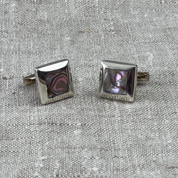 Sterling & Abalone Shell Cufflinks, 3/4” Bold Squ… - image 2