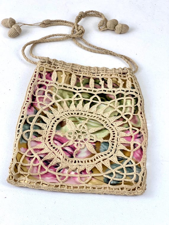 Antique Irish Crochet Purse- Handmade Drawstring Bag