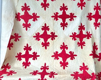 Antique Quilt 75" x 90" Hand Stitched Turkey Red Oakleaf Appliqué Quilt - No Binding #5921