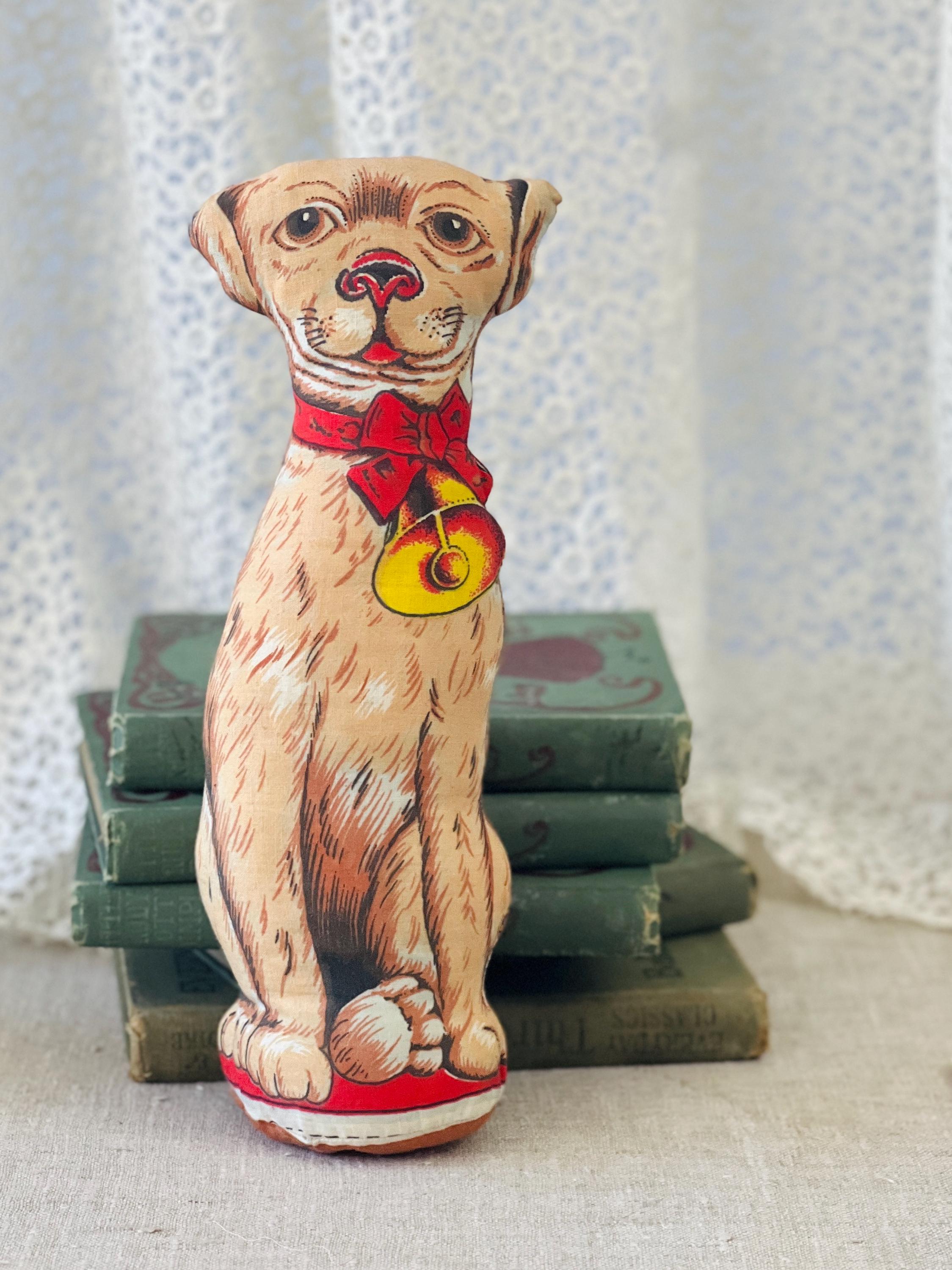 1980年代のヴィンテージコットン製ぬいぐるみ犬：悲しそうな目、赤い 