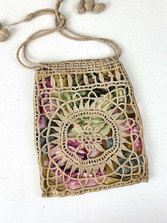 Antique Irish Crochet Purse- Handmade Drawstring Bag View 3