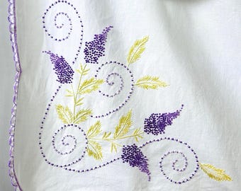 Hand Embroidered Vintage Tablecloth and Linens with Lilacs and Crochet 53" x 47”