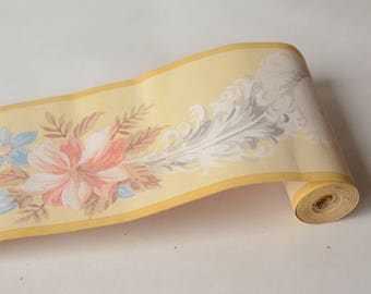1930s Wallpaper Roll, Pastel Feather Plume or Pink Floral Border 4&quot; wide x 12&#39; #324