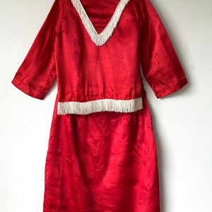 Vintage Cowgirl Costume, Red Satin with Fringe Top and Skirt Girl&#39;s age 10-12 or XS Women&#39;s #5559