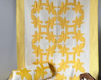 Vintage Hawaiian Quilt, 1950s Yellow Hand Stitched Twin Quilt 47" x 81" Two Matching Available! #5779