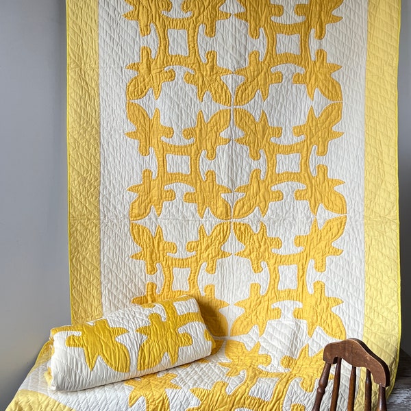 Vintage Hawaiian Quilt, 1950s Yellow Hand Stitched Twin Quilt 47" x 81" Two Matching Available! #5779