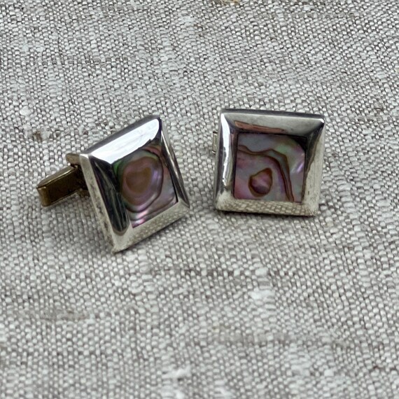 Sterling & Abalone Shell Cufflinks, 3/4” Bold Squ… - image 3