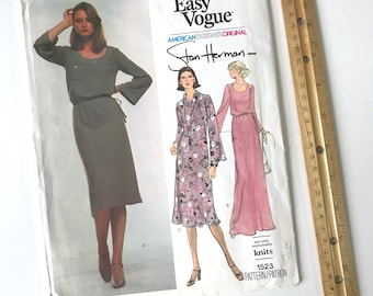 Patrón de vestido de punto Stan Herman 1523 de Vogue, años 70: cuello vuelto, talla 12