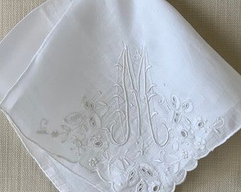 White Hand Embroidered Handkerchief with Monogram “M” Madeira Hankie 12 1/2” #5896