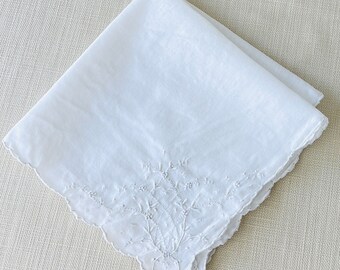 All White Vintage Handkerchief, Hand Embroidered Floral Hanky 5896.5