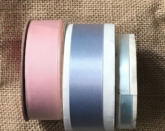 1940s - 70s Ribbon Spools, Your Choice, Baby Blue or Pale Pink, 3/8” & 1” wide", Baby Gift Wrap, Events #3317.1