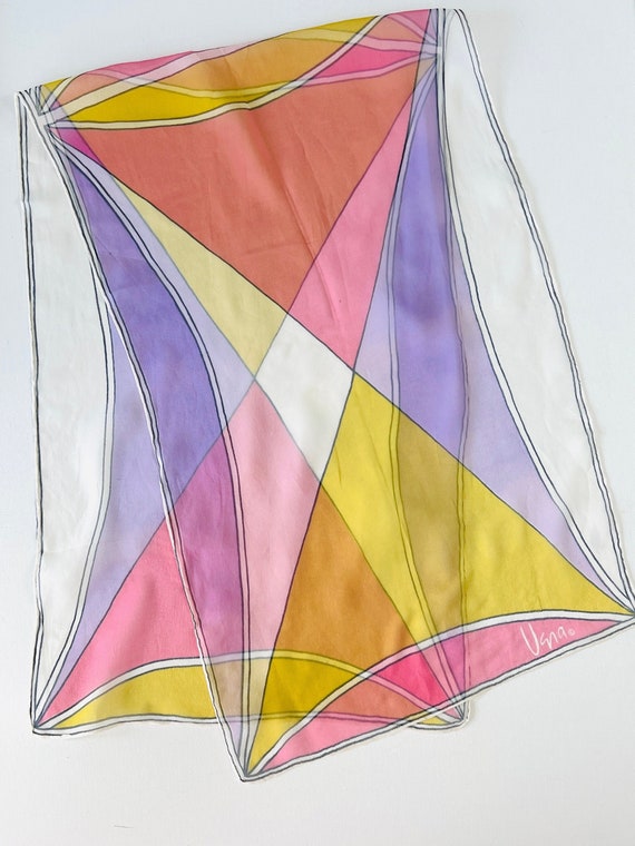 1960s As Is Vera Neumann Silk Scarf, Colorful Geo… - image 1
