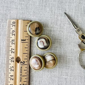 May include: Four round buttons with a pearlescent center and a light brown border are arranged near a wooden ruler. The ruler measures in inches, with the buttons appearing to be about 1 inch in diameter. A pair of decorative scissors is also in the image.