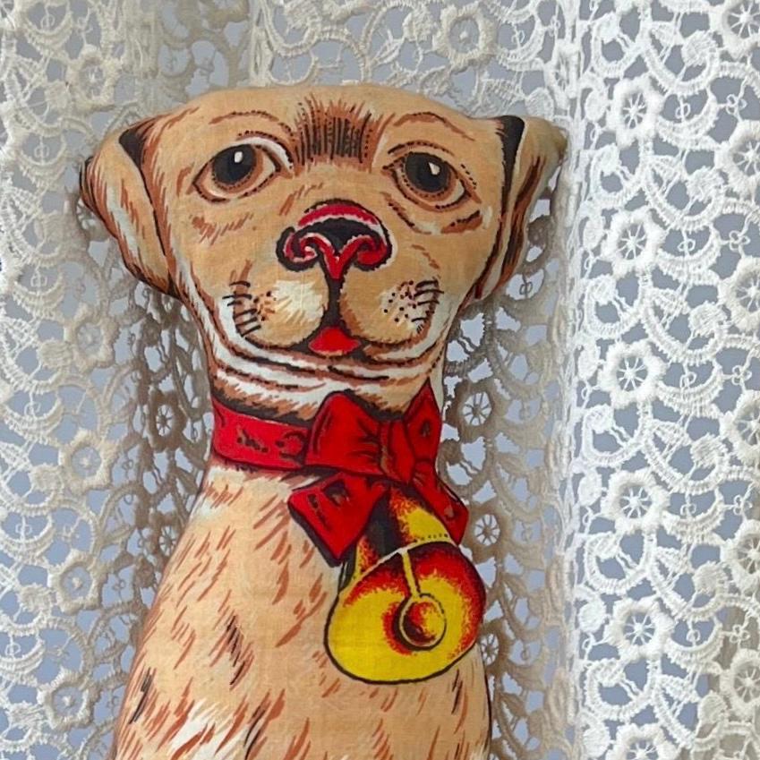 1980年代のヴィンテージ綿犬ぬいぐるみ：悲しそうな目と赤いリボン