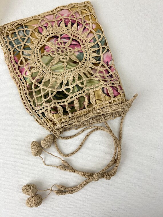 Antique Irish Crochet Purse- Handmade Drawstring Bag View 6