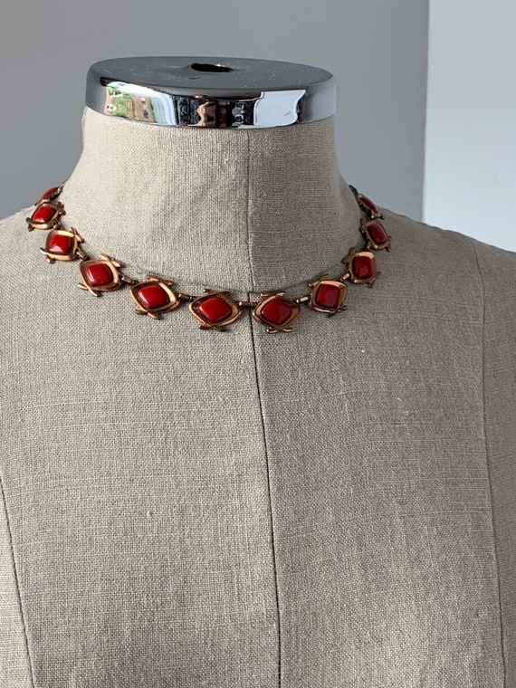 1950s Copper Necklace with Red Enamel, Signed Mati