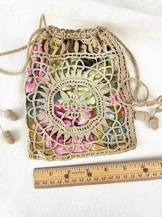 Antique Irish Crochet Purse- Handmade Drawstring Bag View 2
