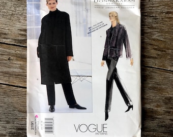 Patrón sin cortar de Donna Karan para Vogue de los años 90, número 2191: abrigo, chaqueta y pantalones (tallas 14-16-18).