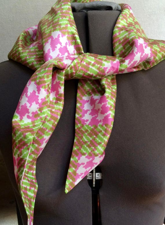 1960s Scarf Bright Pink & Green Houndstooth Check Mo… - Gem