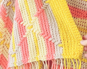 Large 70s Crochet Afghan, Vintage Handmade Blanket, 96" x 75" Tropical Pastel Colors #5964