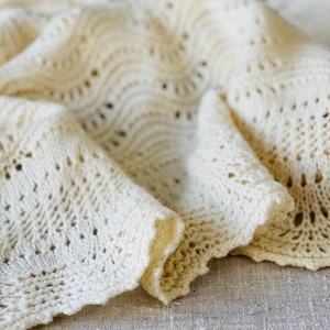 Handmade Vintage Baby Blanket - Pale Yellow Knitted Scalloped Lace Stitch Throw #7347