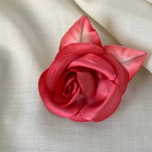 Vintage Satin Fabric Rose, Coral Millinery Flower Pin Back Corsage #5220.2