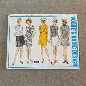 May include: Vintage Vogue's Basic Design sewing pattern for a dress and jacket. The pattern number is 2072 and the pattern is for 'Coffee Cups - Napkins' and is dated June '74. The pattern shows five different styles of the dress and jacket.