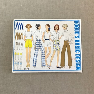 May include: A vintage sewing pattern for Vogue's Basic Design, featuring four women wearing different styles of pants and shorts. The pattern number is 2172.