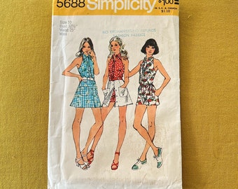 1970s Uncut Simplicity 5688 Halter Romper, Dress & Skirt Sewing Pattern Size 10 32 1/2” Bust