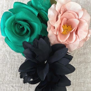 Vintage Hat Flowers, Your Choice - Large Green Silk Rose, Black Daisy or Pink Millinery Poppy #7118