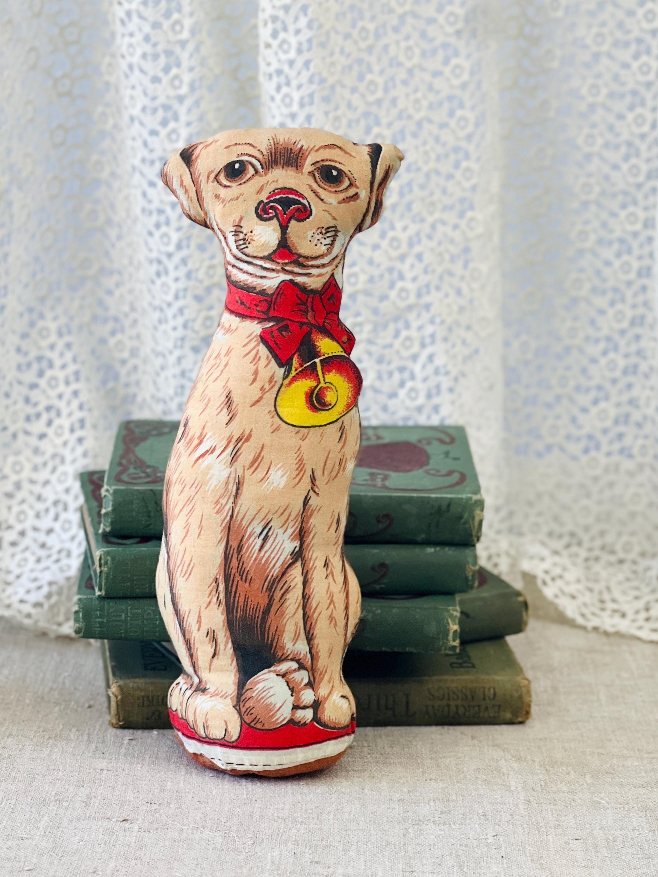 1980年代のヴィンテージ綿犬ぬいぐるみ：悲しそうな目と赤いリボン