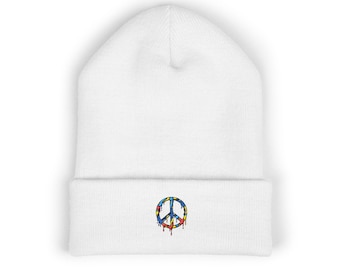 Beanie Hat, 'Peace Drip' Embroidered Cuffed Cap, Pop-Art Colorful Graphic Skull Cap, Haring-Inspired Beanie, Winter Headwear for Trendy