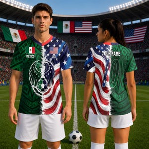 May include: A split-design soccer jersey featuring a green Mexican flag pattern on one side and a blue and red American flag pattern on the other. The front displays a central soccer ball graphic with eagle wings, while the back shows the text YOUR NAME and the number 10.