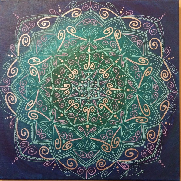 Teal, Purple and Silver Mandala on Blue Green