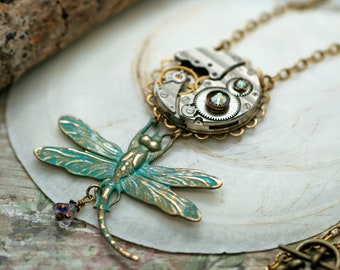 Steampunk Dragonfly Watch Movement Necklace-Victorian Necklace-Woodland Necklace-Nature Necklace-Time Traveler For Her One-of-a-Kind