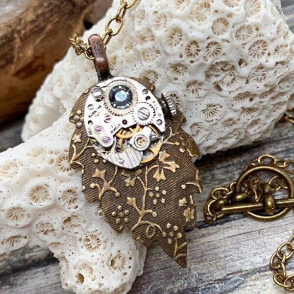 Steampunk Watch Movement Nature Necklace - Brass Leaf One-of-a-Kind Joni Couture