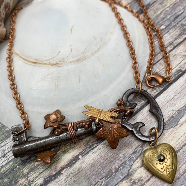 Steampunk Sideways Skeleton Key Dragonfly Nature Heart Locket Necklace One-of-a-Kind Joni Couture OOAK