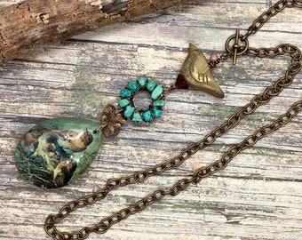 Woodland Chandelier Crystal Pendant Nesting Birds Vintage Paper Humblebeads Gold Bird Tuquoise Stones - JONI COUTURE OOAK