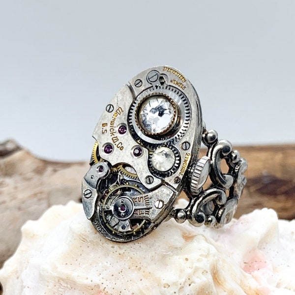 Vintage Watch Movement Ring Swarovski Crystal (APRIL Birthstone) Adjustable Antiqued Silver Filigree Ring Band One-of-a-Kind - Joni Couture