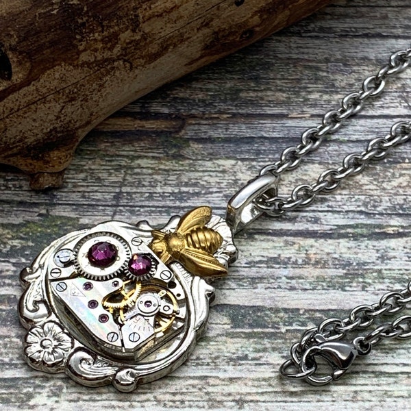 Steampunk Watch Movement-Bee Necklace-Steampunk Jewelry-Amethyst Crystal-Silver Vintage Souvenir Spoon Necklace-For Her OOAK